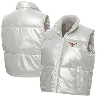 Women's ZooZatz Silver Texas Longhorns Metallic Cropped Full-Zip Sleeveless Puffer Vest