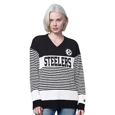 Women's Starter Black Pittsburgh Steelers No Huddle Striped V-Neck Sweater