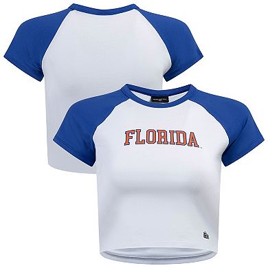 Women's Hype and Vice White/Royal Florida Gators Homerun Cropped Raglan T-Shirt