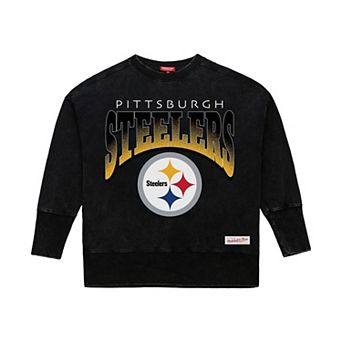 Women's Mitchell & Ness Black Pittsburgh Steelers Delineate Mineral Wash Crewneck Sweatshirt