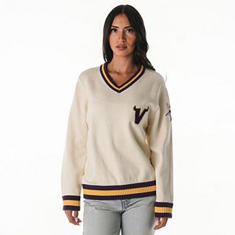 Women's The Wild Collective Cream Minnesota Vikings Jacquard V-Neck Sweater