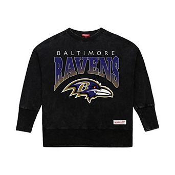 Women's Mitchell & Ness Black Baltimore Ravens Delineate Mineral Wash Crewneck Sweatshirt