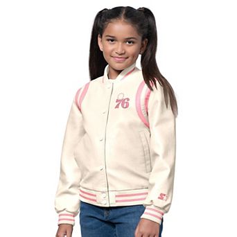 Girls Starter Cream/Pink Philadelphia 76ers Underdog Leather Varsity Jacket