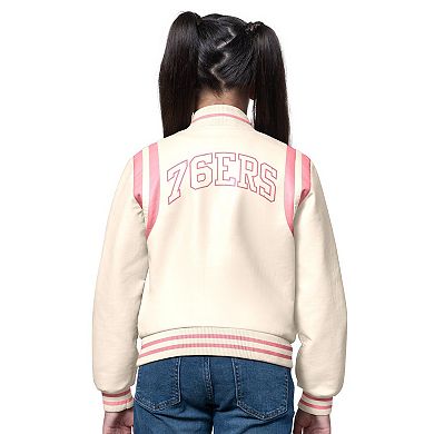 Girls Starter Cream/Pink Philadelphia 76ers Underdog Leather Varsity Jacket