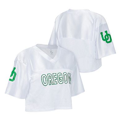 Women's ZooZatz White Oregon Ducks Mesh Cropped V-Neck T-Shirt