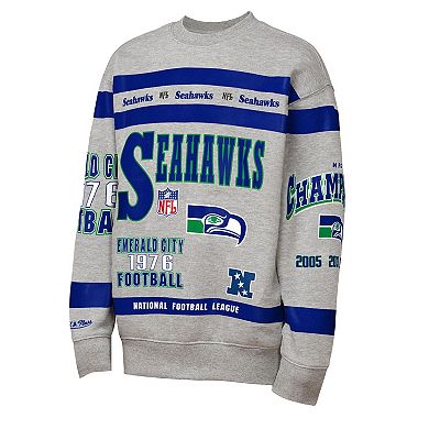 Youth Mitchell & Ness Gray Seattle Seahawks Throwback All-Over Print Fleece Sweatshirt