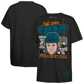 Youth Mitchell & Ness Macklin Celebrini Black San Jose Sharks Caricature T-Shirt