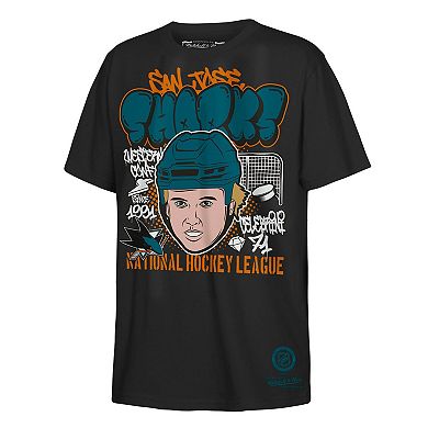 Youth Mitchell & Ness Macklin Celebrini Black San Jose Sharks Caricature T-Shirt
