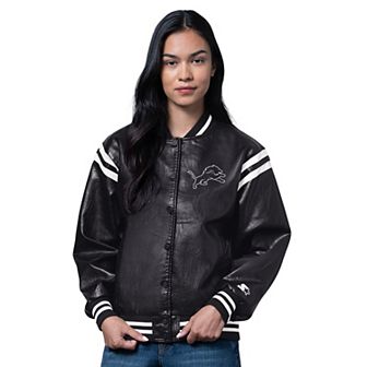 Women's Starter Black Detroit Lions High Heat Vegan Leather Varsity Jacket