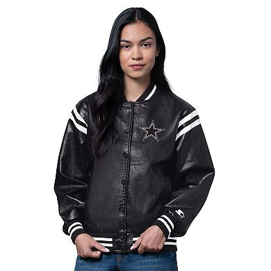 Women's Starter Black Dallas Cowboys High Heat Vegan Leather Full-Snap Varsity Jacket