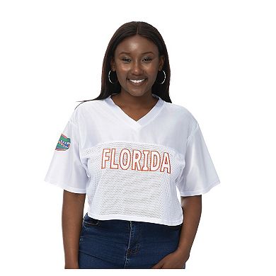 Women's ZooZatz White Florida Gators Mesh Cropped V-Neck T-Shirt