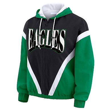 Women's WEAR by Erin Andrews Kelly Green/Black Philadelphia Eagles Plus Size Retro Crinkle Full-Zip Hoodie Windbreaker Jacket