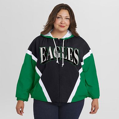Women's WEAR by Erin Andrews Kelly Green/Black Philadelphia Eagles Plus Size Retro Crinkle Full-Zip Hoodie Windbreaker Jacket