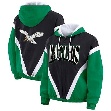 Women's WEAR by Erin Andrews Kelly Green/Black Philadelphia Eagles Plus Size Retro Crinkle Full-Zip Hoodie Windbreaker Jacket
