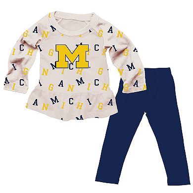 Girls Toddler Wes & Willy Oatmeal Michigan Wolverines Ruffle Raglan Long Sleeve T-Shirt & Leggings Set