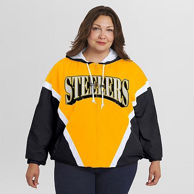 Women's WEAR by Erin Andrews Gold/Black Pittsburgh Steelers Plus Size Retro Crinkle Full-Zip Hoodie Windbreaker Jacket