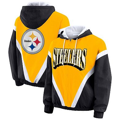 Women's WEAR by Erin Andrews Gold/Black Pittsburgh Steelers Plus Size Retro Crinkle Full-Zip Hoodie Windbreaker Jacket