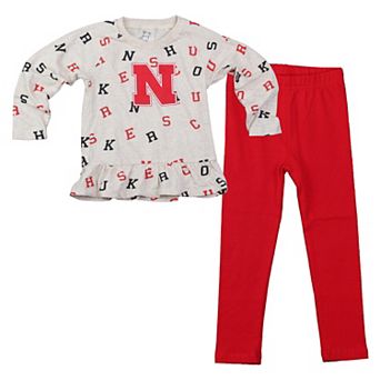Girls Infant Wes & Willy Oatmeal Nebraska Huskers Ruffle Raglan Long Sleeve T-Shirt & Leggings Set