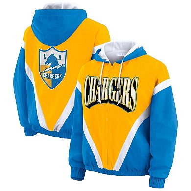 Women's WEAR by Erin Andrews Gold/Powder Blue Los Angeles Chargers Retro Crinkle Full-Zip Hoodie Windbreaker