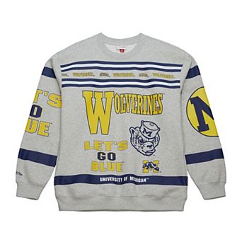 Men's Mitchell & Ness Heather Gray Michigan Wolverines All Over Print Sweatshirt