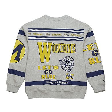 Men's Mitchell & Ness Heather Gray Michigan Wolverines All Over Print Sweatshirt