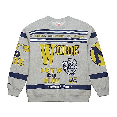 Men's Mitchell & Ness Heather Gray Michigan Wolverines All Over Print Sweatshirt