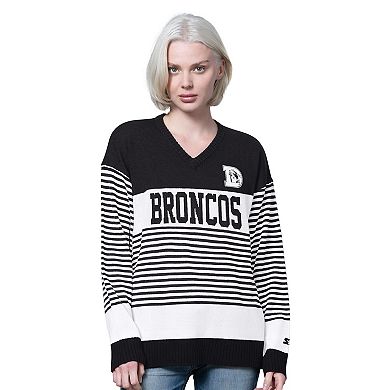 Women's Starter Black Denver Broncos No Huddle Striped V-Neck Sweater