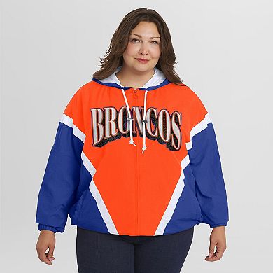 Women's WEAR by Erin Andrews Orange/Royal Denver Broncos Plus Size Retro Crinkle Full-Zip Hoodie Windbreaker Jacket