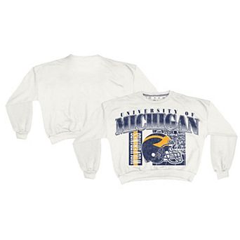 Women's Pressbox White Michigan Wolverines Oversized Janice Retro Waist-Length Sweatshirt