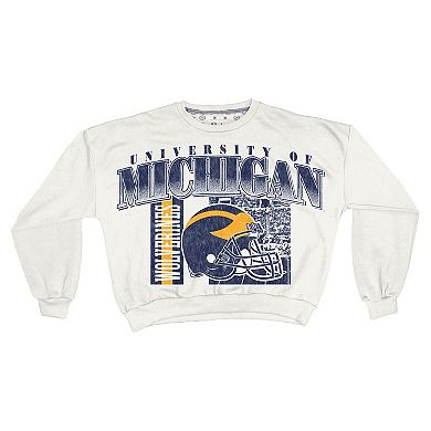 Women's Pressbox White Michigan Wolverines Oversized Janice Retro Waist-Length Sweatshirt