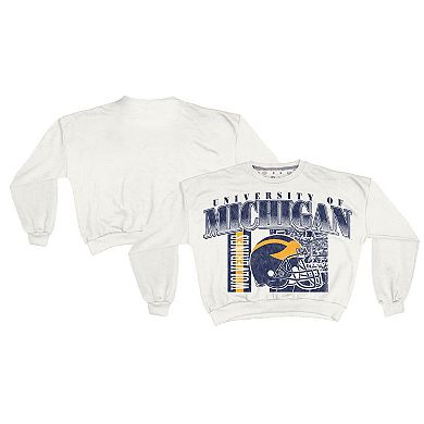 Women's Pressbox White Michigan Wolverines Oversized Janice Retro Waist-Length Sweatshirt