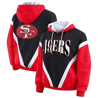 Women's WEAR by Erin Andrews Scarlet/Black San Francisco 49ers Plus Size Retro Crinkle Full-Zip Hoodie Windbreaker Jacket