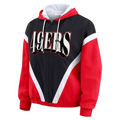 Women's WEAR by Erin Andrews Scarlet/Black San Francisco 49ers Plus Size Retro Crinkle Full-Zip Hoodie Windbreaker Jacket