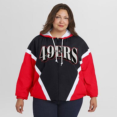 Women's WEAR by Erin Andrews Scarlet/Black San Francisco 49ers Plus Size Retro Crinkle Full-Zip Hoodie Windbreaker Jacket