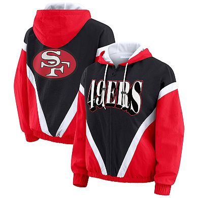 Women's WEAR by Erin Andrews Scarlet/Black San Francisco 49ers Plus Size Retro Crinkle Full-Zip Hoodie Windbreaker Jacket