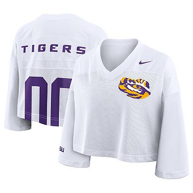 Women's Nike White LSU Tigers Cropped Mesh Dri-FIT Fashion Jersey