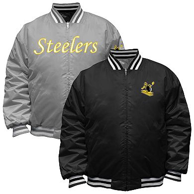 Men's Mitchell & Ness Black/Silver Pittsburgh Steelers Big & Tall Throwback Reversible Full-Zip Jacket