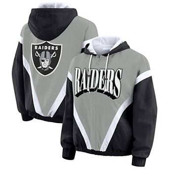 Women's WEAR by Erin Andrews Black/Gray Las Vegas Raiders Plus Size Retro Crinkle Full-Zip Hoodie Windbreaker Jacket