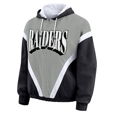 Women's WEAR by Erin Andrews Black/Gray Las Vegas Raiders Plus Size Retro Crinkle Full-Zip Hoodie Windbreaker Jacket