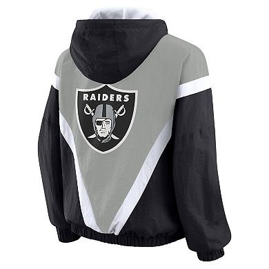 Women's WEAR by Erin Andrews Black/Gray Las Vegas Raiders Plus Size Retro Crinkle Full-Zip Hoodie Windbreaker Jacket
