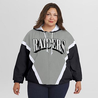 Women's WEAR by Erin Andrews Black/Gray Las Vegas Raiders Plus Size Retro Crinkle Full-Zip Hoodie Windbreaker Jacket