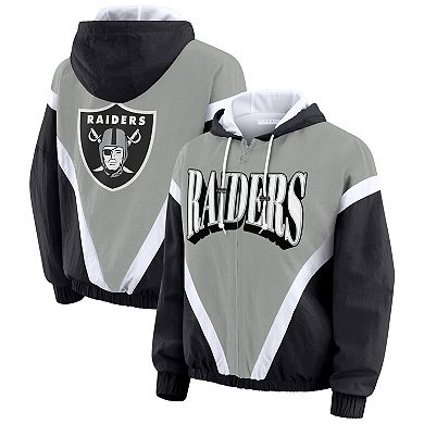 Women's WEAR by Erin Andrews Black/Gray Las Vegas Raiders Plus Size Retro Crinkle Full-Zip Hoodie Windbreaker Jacket