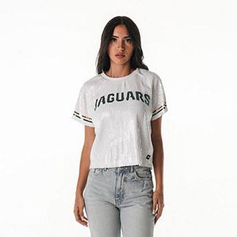 Women's The Wild Collective White Jacksonville Jaguars Rhinestone Sequin Cropped T-Shirt