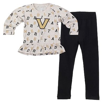 Girls Toddler Wes & Willy Oatmeal Vanderbilt Commodores Ruffle Raglan Long Sleeve T-Shirt & Leggings Set