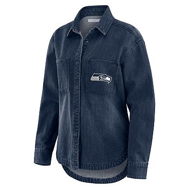 Women's WEAR by Erin Andrews Denim Seattle Seahawks Washed Oversized Denim Full-Snap Shacket