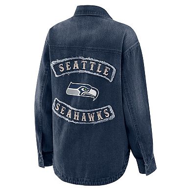 Women's WEAR by Erin Andrews Denim Seattle Seahawks Washed Oversized Denim Full-Snap Shacket