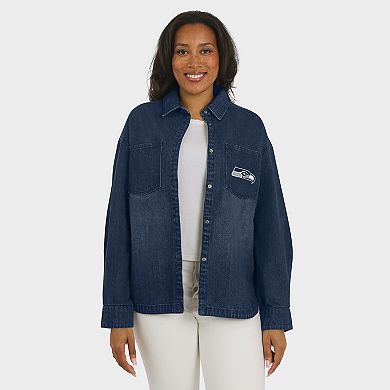 Women's WEAR by Erin Andrews Denim Seattle Seahawks Washed Oversized Denim Full-Snap Shacket