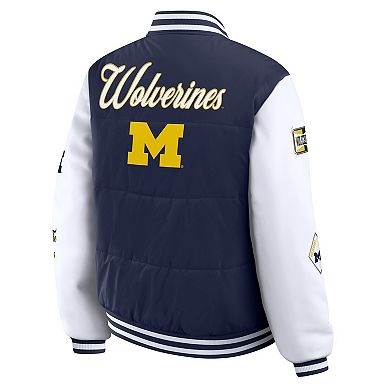 Women's WEAR by Erin Andrews Navy Michigan Wolverines Varsity Full-Snap Puffer Jacket