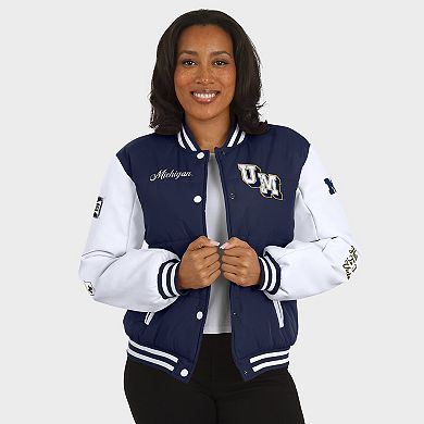 Women's WEAR by Erin Andrews Navy Michigan Wolverines Varsity Full-Snap Puffer Jacket