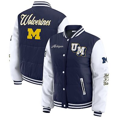 Women's WEAR by Erin Andrews Navy Michigan Wolverines Varsity Full-Snap Puffer Jacket